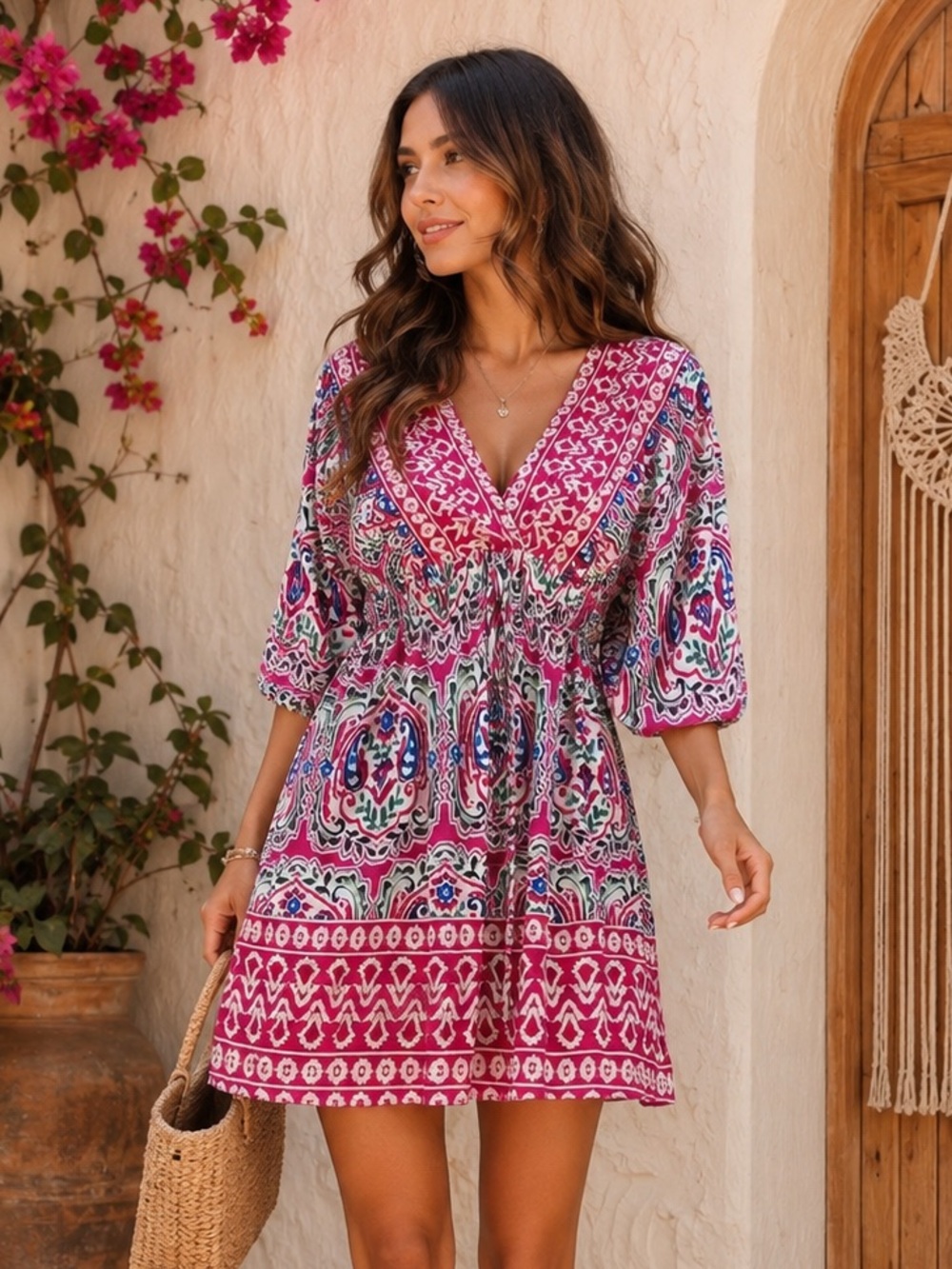 Women's Boho Paisley Mini Dress | Flowy 3/4 Sleeves | V-Neck | Like New |